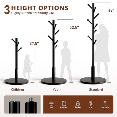 Freestanding Wooden Coat Rack with 8 Hooks & Adjustable Heights - Entryway & Bedroom Stand