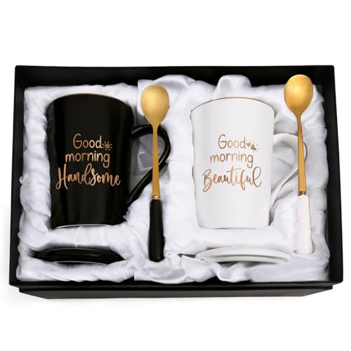 YHRJWN Black & White Good Morning Beautiful & Handsome Mugs, His & Hers 14 Oz Coffee Set (2) Christmas