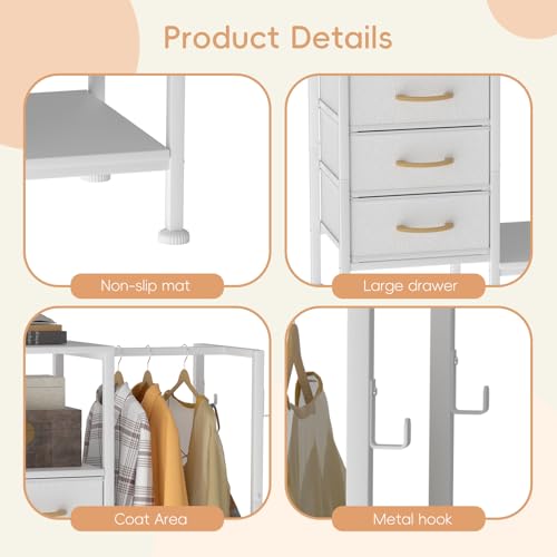 VERONLY White Reversible Bedroom Dresser with Clothes Hanging Rack & 4 Fabric Drawers