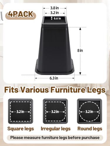 Apipi 8-Inch Heavy Duty Bed Risers with Anti-Slip Pads - Black, 4 Pack
