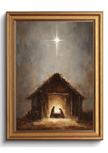 Holy Night Vintage Gold Framed Nativity Canvas Print – Framed 16x12