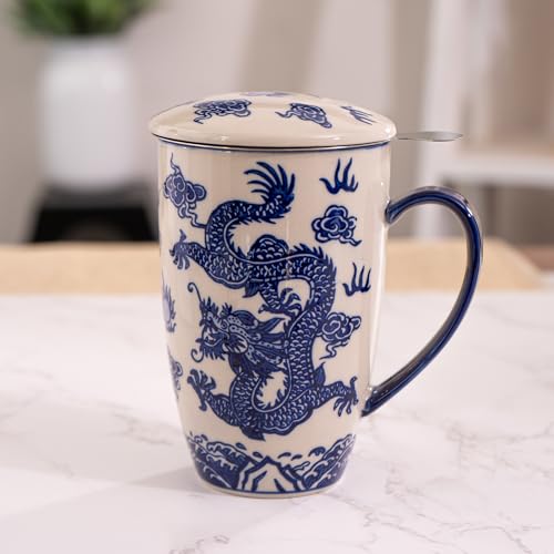 Urban Tokyo Ryu Dragon Tea Mug with Lid & Stainless Steel Infuser 15oz Porcelain