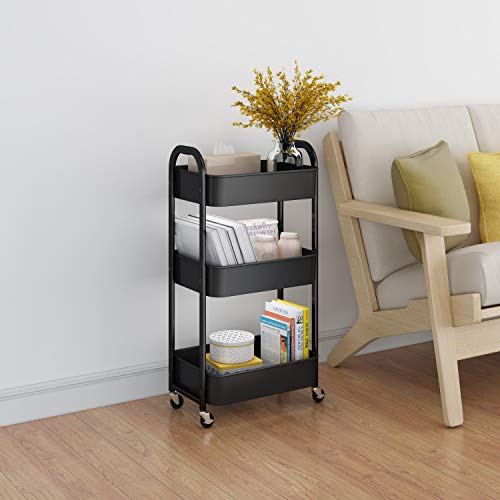 3-Tier Rolling Utility Cart with Wheels, Mesh Metal Storage Trolley, Black