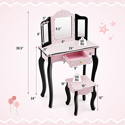 Kids Vanity Set with Tri-Folding Mirror and Stool, Pink Leopard Print