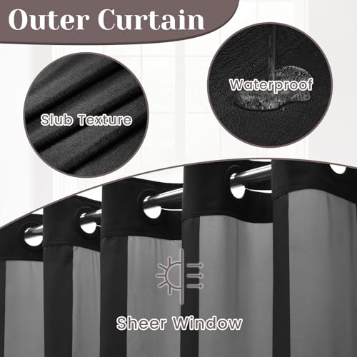 No Hook Shower Curtain with Snap-in Liner, 71x74 Bamboo Texture, Black