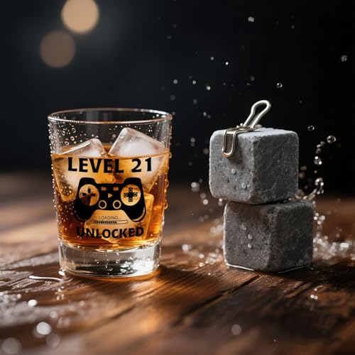 Ithmahco 21st Birthday Gift Set - Level 21 Unlocked Shot Glass & Wooden Box - Gaming Milestone Celebration - Variation: Transparent