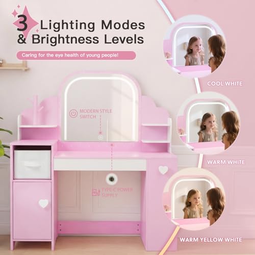 Kids Vanity Table and Chair Set with LED Lighted Mirror and Storage Cabinet