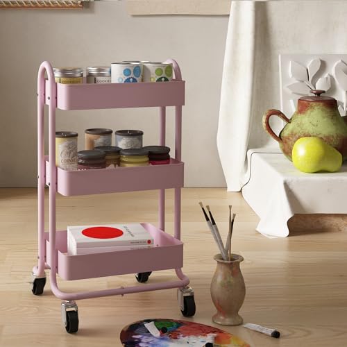 3-Tier Pink Metal Rolling Utility Cart with Wheels - 13.4" x 18.1" x 31"