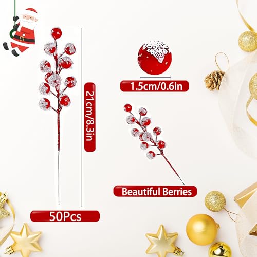 50pcs Christmas Tree Decoration, 8 Inch Snowy Red Artificial Berry Stems Branches, Christmas Berries Picks Berry Branches for Christmas Trees Ornaments Holly Tree Decor