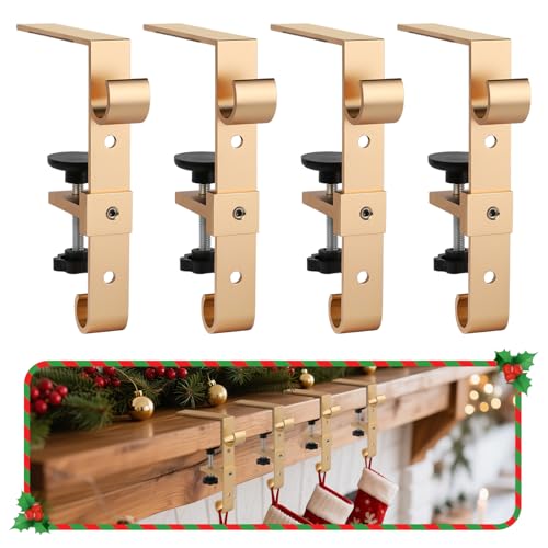 Adjustable 2-in-1 Christmas Stocking & Garland Holders for Mantel, 4-Pack (Gold)