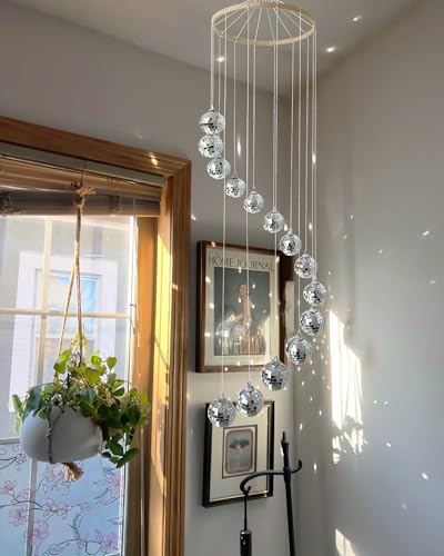 36-Inch Disco Ball Spiral Spinner Mobile with Bamboo and Mirror Accents