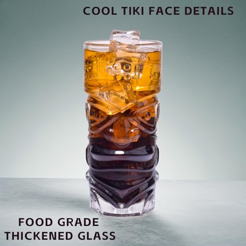 PYVYLO 15oz Set of 6 Tiki Glasses - Clear Glass Cocktail Cups with Tiki Face Design