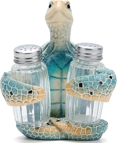 Blue Sea Turtle Salt and Pepper Shaker Holder Set - Coastal Kitchen Decor