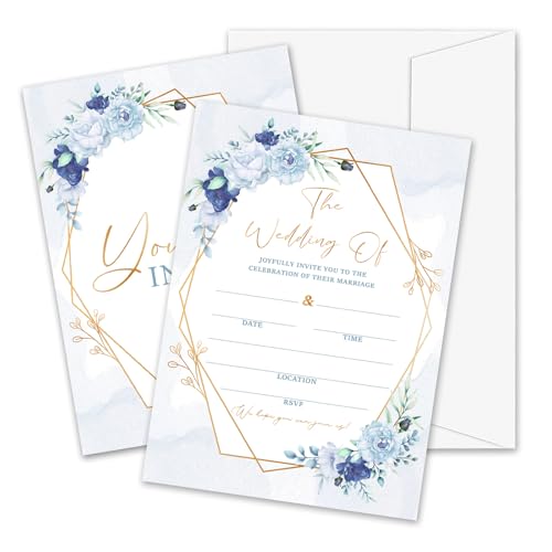 Dusty Blue Floral Wedding Invitations, 5x7 Elegant Rose Invites (25 Pack)