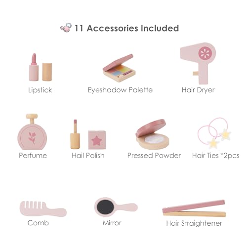 Kids Wooden Vanity Set with Lighted Mirror and 11 Makeup Accessories