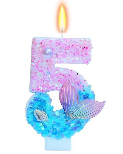 Mermaid Number 5 Birthday Candle - 2.87 Inch Glitter Cake Topper Decor