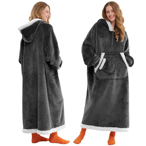 Sherpa Fleece Wearable Blanket Hoodie with Pockets - Cozy Dark Grey