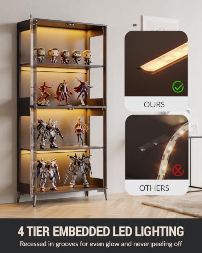 Zephome Black & Glass Double Door Display Cabinet with RGB LED Lights & Adjustable Shelves