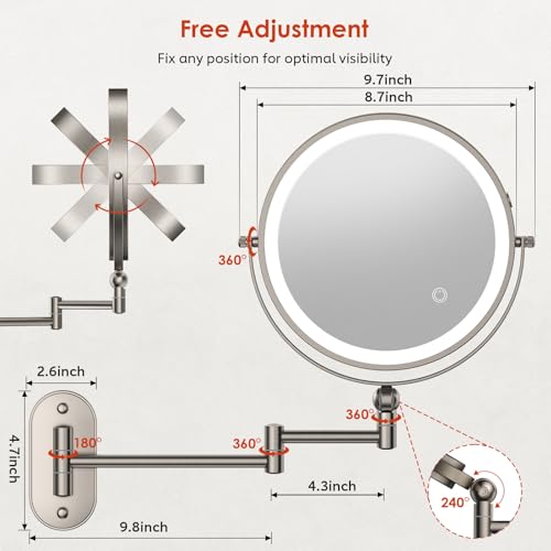 ZLOKLA 9-Inch Rechargeable Wall-Mounted Lighted Makeup Mirror with 30X Magnification - Nickel Finish, 4000mAh Battery, Dimmable LED Lights, Extended Arm, 360° Rotation - Model 4000mah-9inch-30x-nickel