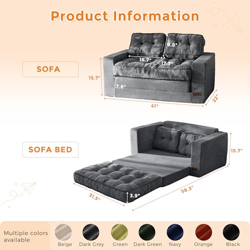 Kids Convertible 2-in-1 Folding Sofa Bed, Dark Grey Floor Lounger