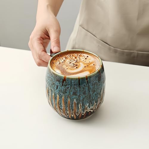 20oz Blue Ceramic Coffee Mug - Raku-Style Large Tea Cup, Unique Design, Microwave & Dishwasher Safe