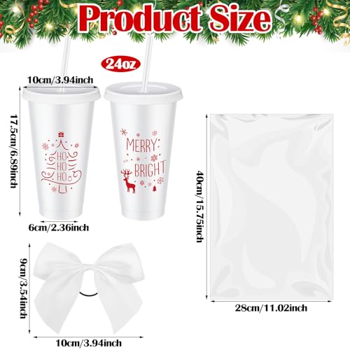 Potchen 12 Pcs Christmas Plastic Tumblers with Lids, Straws, Bow in White - 24 oz Travel Cups