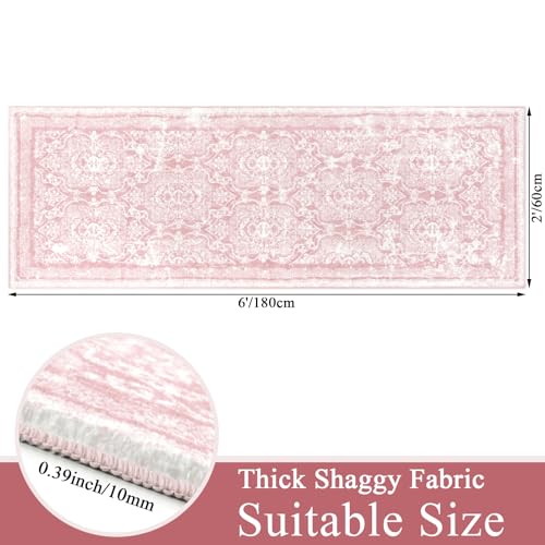 2x6 ft Pink Vintage Shaggy Runner Rug, Non-Slip Washable Boho Kitchen Mat