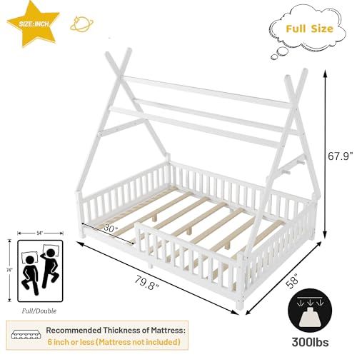 Full Size Montessori Floor Bed Frame with LED Light and Safety Rails