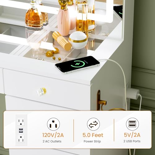 11-Drawer Vanity Desk with LED Mirror, Glass Top, and Charging Station