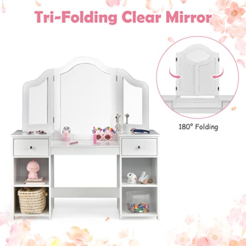 Kids Vanity Table and Chair Set with Tri-Folding Mirror and Storage