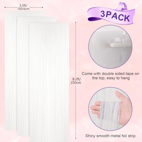 Voircoloria White Pastel Foil Fringe Curtains 3.3x8.2ft 3 Pack - White