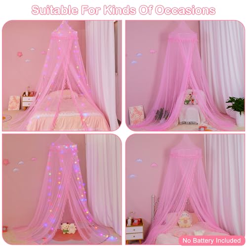 Pink Bed Canopy for Girls Room Decor with LED Lights & Remote Timer