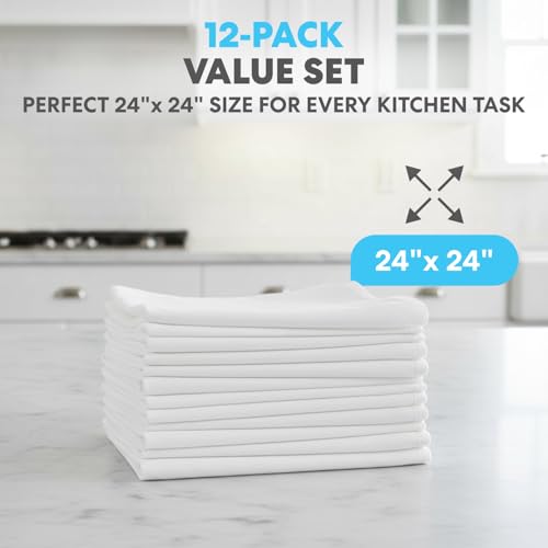100% Cotton Flour Sack Kitchen Towels 24x24 Inch - 12 Pack Lint-Free Set