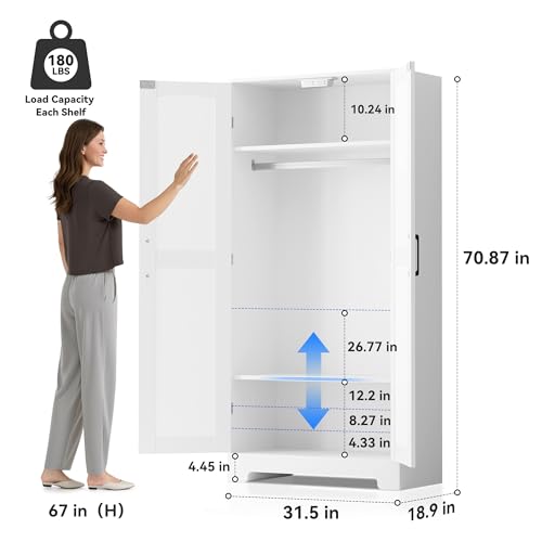 Freestanding Wooden Wardrobe Closet with Hanging Rod and Adjustable Shelves