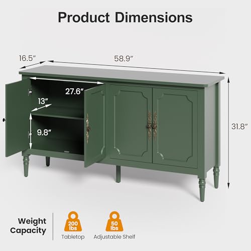59-Inch Mid-Century Modern Buffet Cabinet with Adjustable Shelves - Forest Green