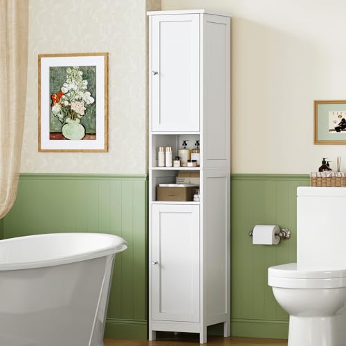 TEENFON 67-Inch White Bathroom Storage Cabinet with 2 Doors, Adjustable Shelves, Narrow Design