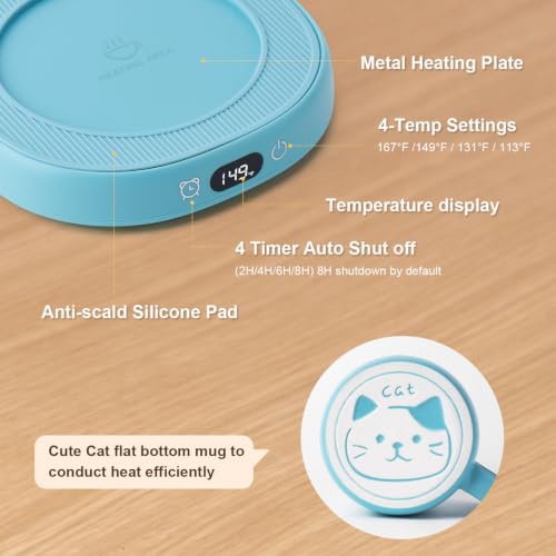 Blue Cat Mug Warmer Set with Ceramic Cup & Spoon - Electric Heated Desk Coffee & Tea Warmer