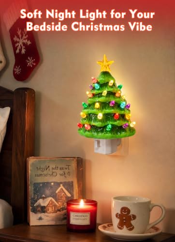 Brightown 2 Pack Christmas Tree Night Light - Vintage Ceramic with Yellow Star, 7W UL Bulb, Swivel Plug