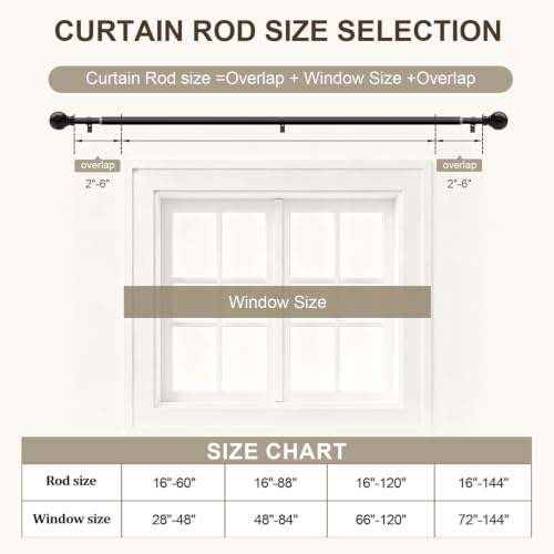 Heavy Duty Black Curtain Rod - 1" Adjustable Metal Drapery Rod (72-144")