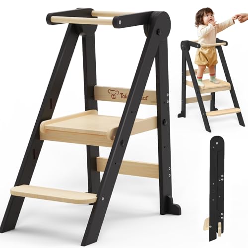 Foldable Toddler Kitchen Stool - 3-Height Adjustable Wooden Learning Tower