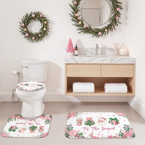 Pink Christmas Shower Curtain Set Santa Claus Holiday Bathroom Decor 72x72 inches