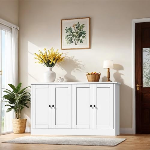 49-Inch White Buffet Cabinet with 4 Doors and Adjustable Shelves