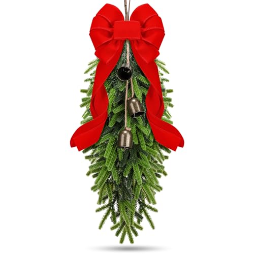 23.6-Inch Christmas Teardrop Swag Wreath with Bells and Red Ribbon