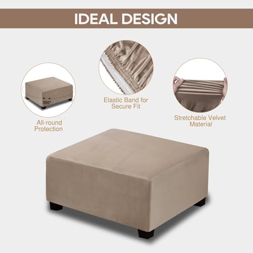 Large Velvet Ottoman Slipcover - Non-Slip Elastic Fit, Taupe