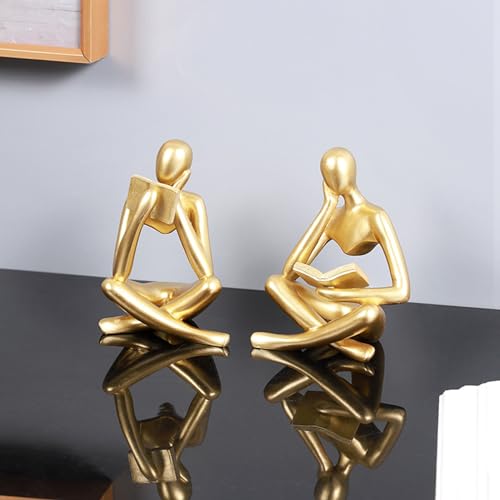 Gold Reading Woman Statue, Abstract Thinker Sculpture for Home Decor