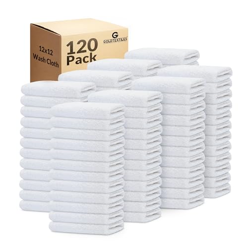 Gold Textiles 120 Pack White Cotton-Poly Washcloths Set (12x12 inches) - Soft, Quick Drying, Commercial Grade Cleaning Rags for Bathroom, Spa, Gym, Kitchen