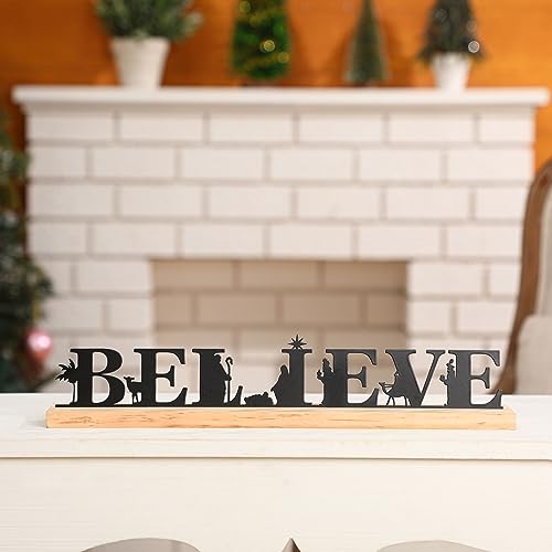 Modern Metal Nativity Scene Set with Wood Base for Christmas Table Decor