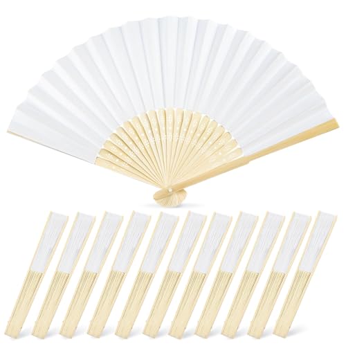 12-Pack White Folding Paper Hand Fans - 8.3 Inch Handheld Fans for Weddings