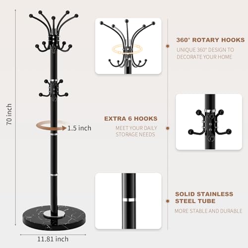 Rotating Coat Rack Stand with 16 Hooks and Natural Marble Base