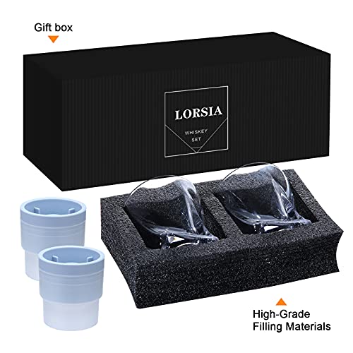 LORSIA Whiskey Rocks Glass Set of 4 with Ice Ball Molds - 11 oz Old Fashioned Glasses for Scotch Bourbon & Cocktails